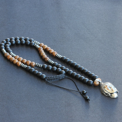 Stainless Steel Buddha Pendant, Natural Sandalwood & Black Onyx Beaded Macrame Necklace - ElisaJewelryArt