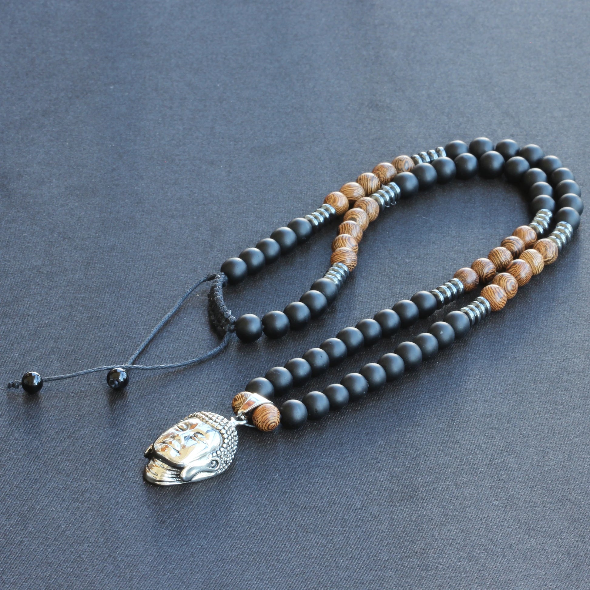 Stainless Steel Buddha Pendant, Natural Sandalwood & Black Onyx Beaded Macrame Necklace - ElisaJewelryArt