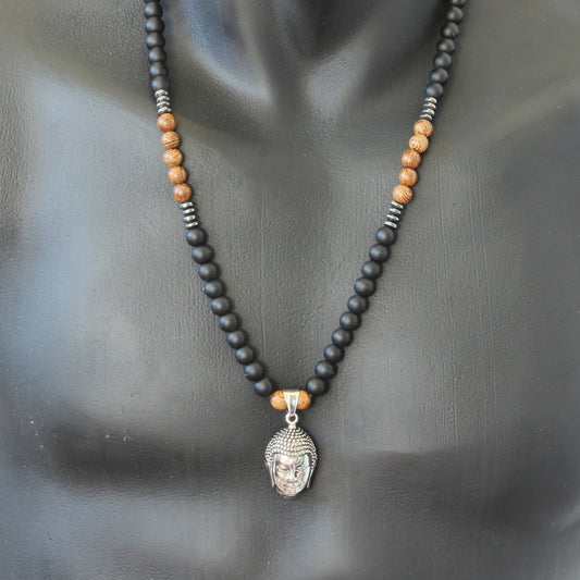 Stainless Steel Buddha Pendant, Natural Sandalwood & Black Onyx Beaded Macrame Necklace - ElisaJewelryArt