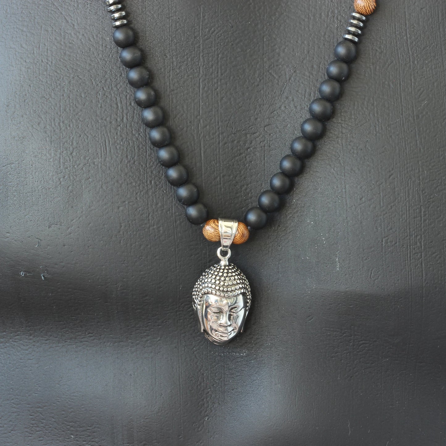 Stainless Steel Buddha Pendant, Natural Sandalwood & Black Onyx Beaded Macrame Necklace - ElisaJewelryArt