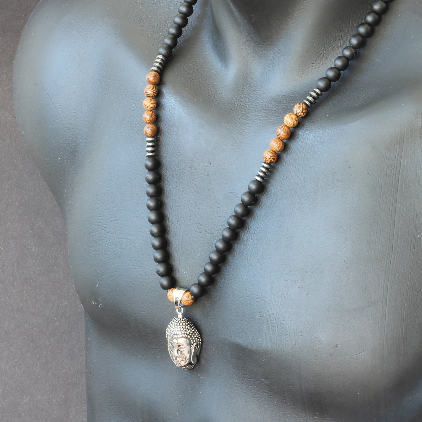 Stainless Steel Buddha Pendant, Natural Sandalwood & Black Onyx Beaded Macrame Necklace - ElisaJewelryArt