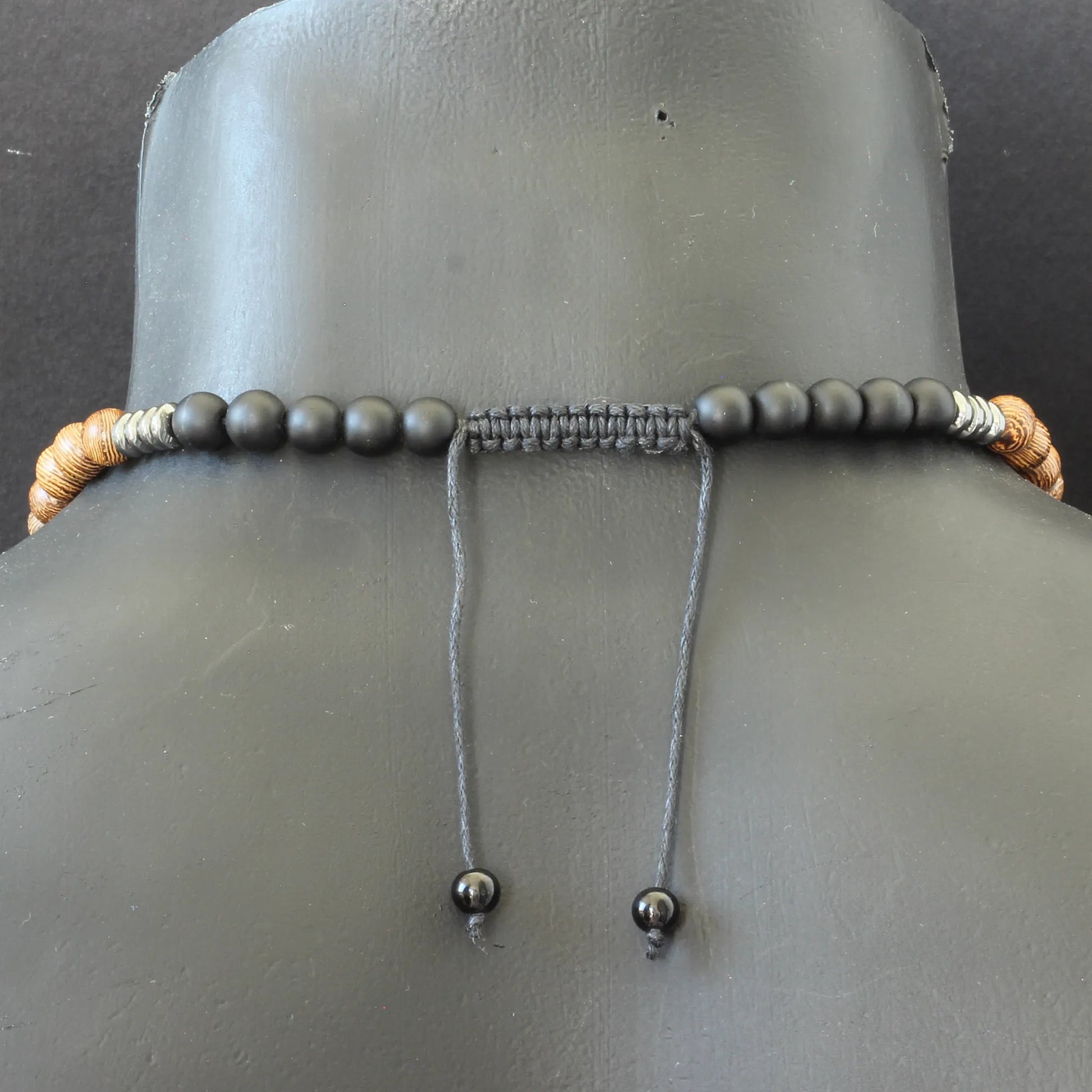 Stainless Steel Buddha Pendant, Natural Sandalwood & Black Onyx Beaded Macrame Necklace - ElisaJewelryArt