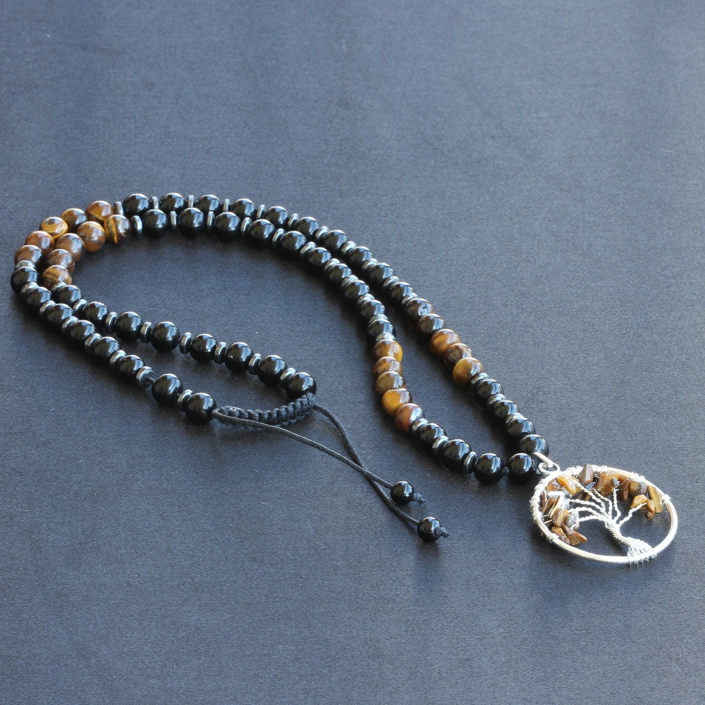 Natural Tiger Eye Tree Of Life Pendant, Tiger Eye & Black Onyx Beaded Macrame Necklace - ElisaJewelryArt