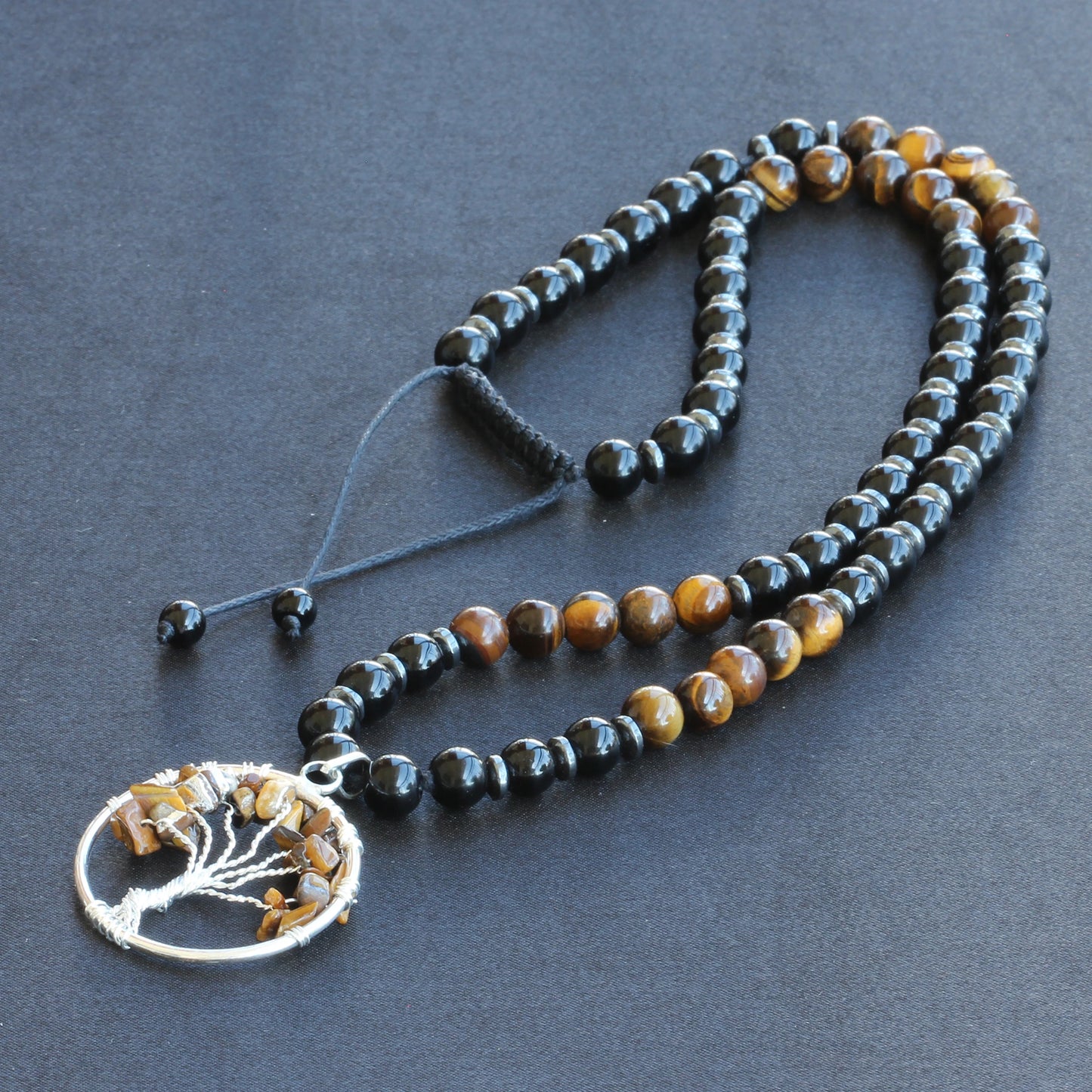 Natural Tiger Eye Tree Of Life Pendant, Tiger Eye & Black Onyx Beaded Macrame Necklace - ElisaJewelryArt