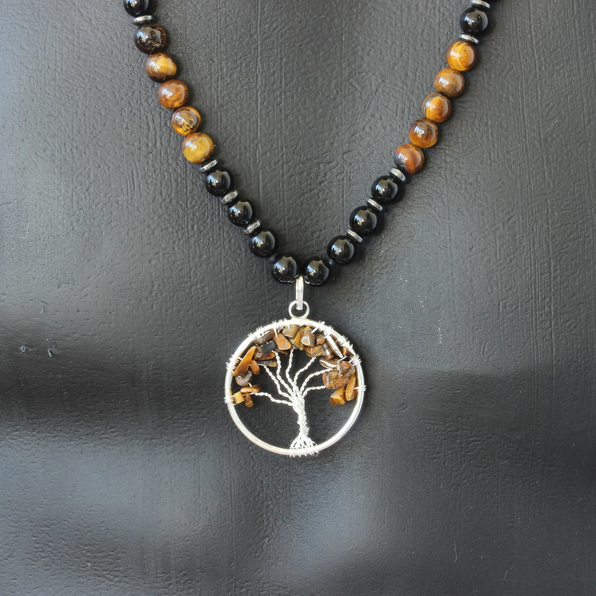 Natural Tiger Eye Tree Of Life Pendant, Tiger Eye & Black Onyx Beaded Macrame Necklace - ElisaJewelryArt