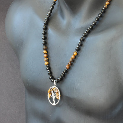 Natural Tiger Eye Tree Of Life Pendant, Tiger Eye & Black Onyx Beaded Macrame Necklace - ElisaJewelryArt