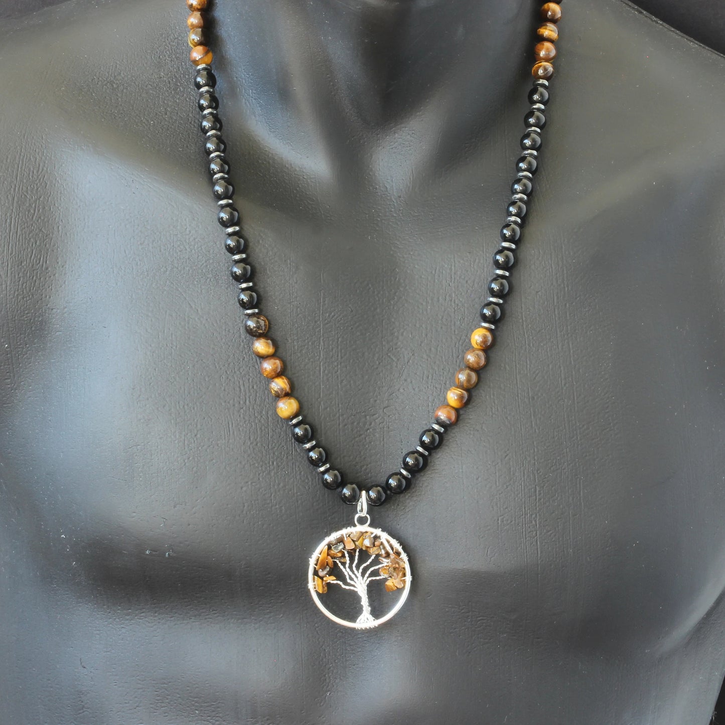 Natural Tiger Eye Tree Of Life Pendant, Tiger Eye & Black Onyx Beaded Macrame Necklace - ElisaJewelryArt