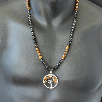 Natural Tiger Eye Tree Of Life Pendant, Tiger Eye & Black Onyx Beaded Macrame Necklace - ElisaJewelryArt