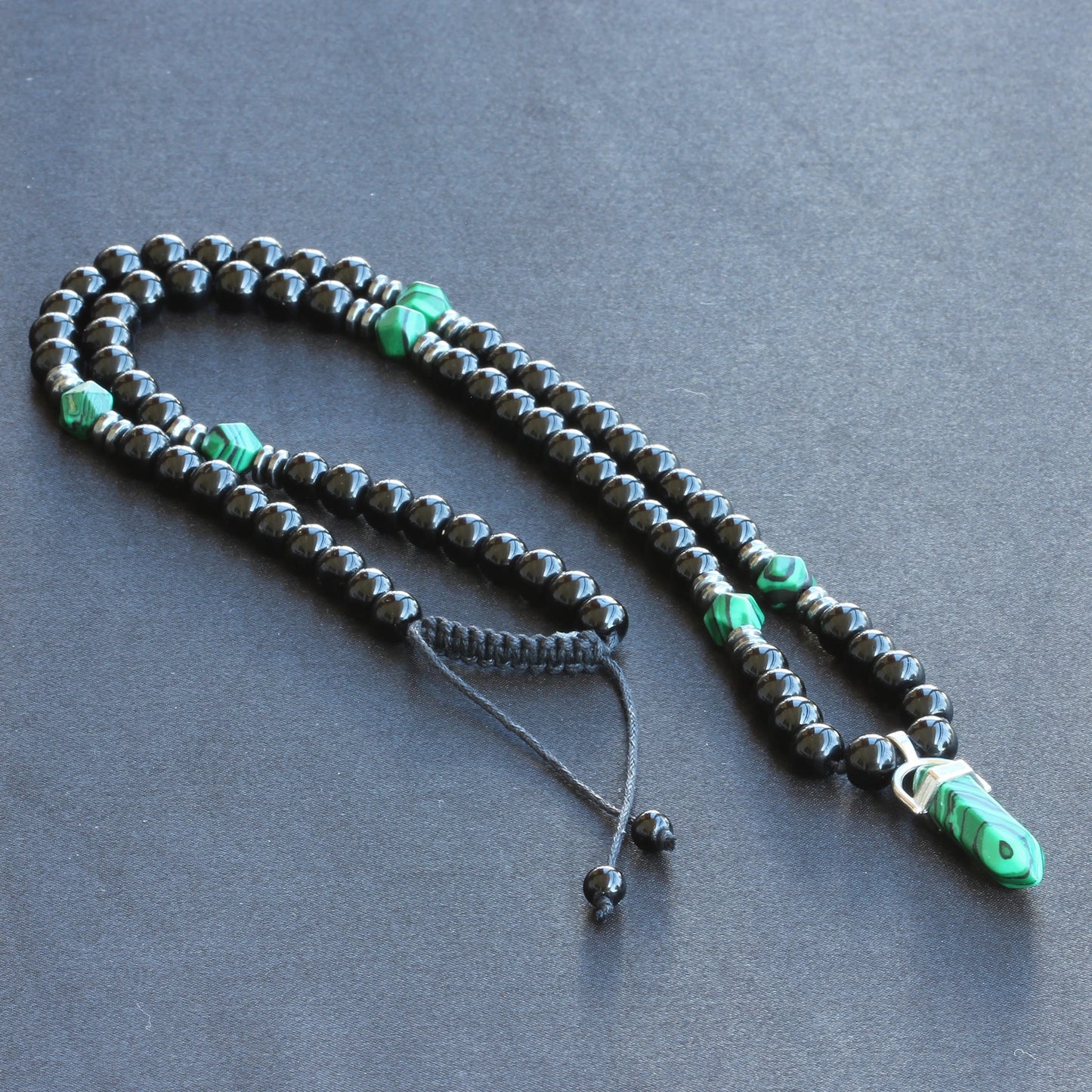 Natural Malachite Pointed Pendant, Malachite & Black Onyx Beaded Macrame Necklace - ElisaJewelryArt