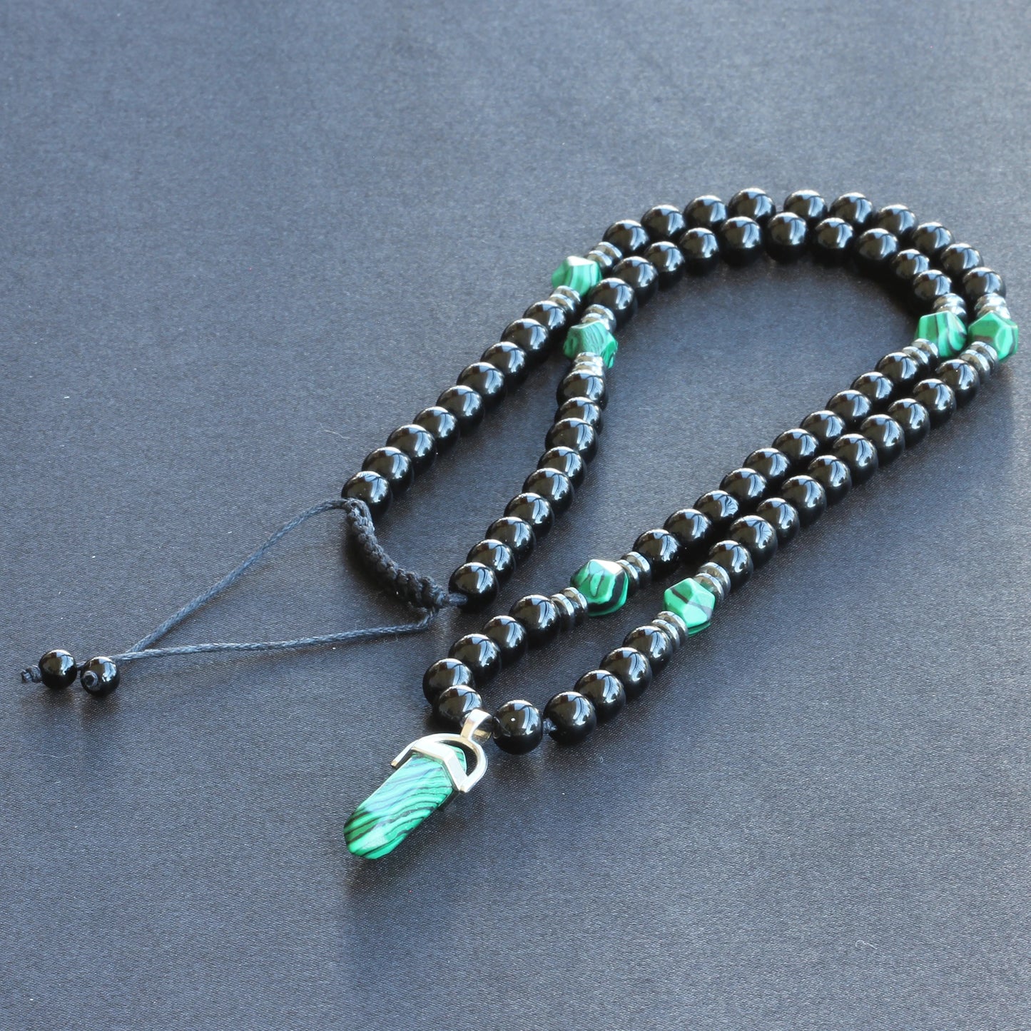 Natural Malachite Pointed Pendant, Malachite & Black Onyx Beaded Macrame Necklace - ElisaJewelryArt