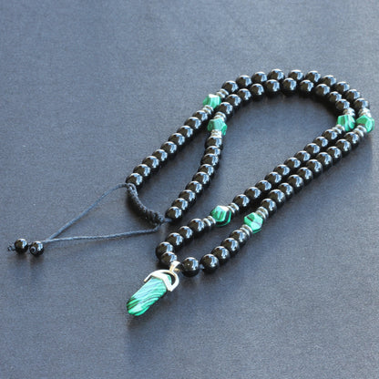 Natural Malachite Pointed Pendant, Malachite & Black Onyx Beaded Macrame Necklace - ElisaJewelryArt