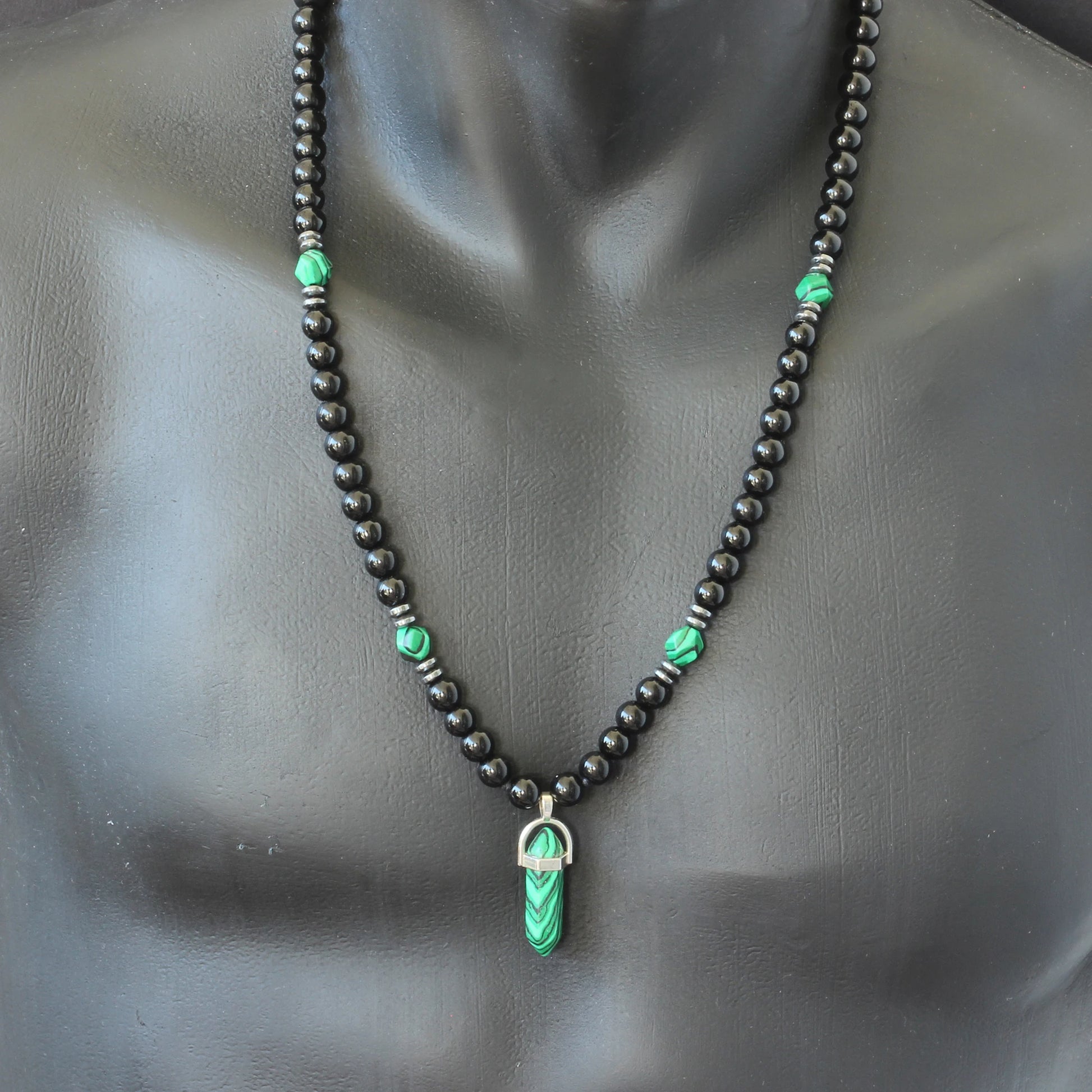 Natural Malachite Pointed Pendant, Malachite & Black Onyx Beaded Macrame Necklace - ElisaJewelryArt