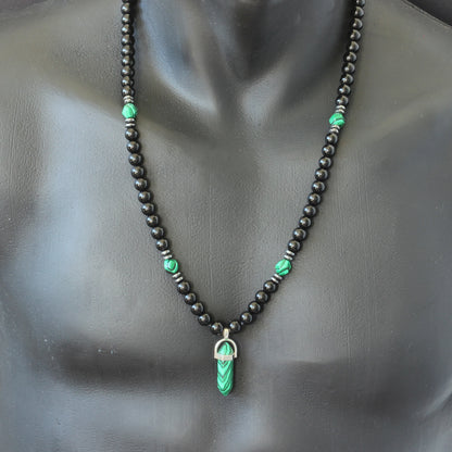 Natural Malachite Pointed Pendant, Malachite & Black Onyx Beaded Macrame Necklace - ElisaJewelryArt