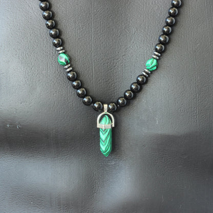 Natural Malachite Pointed Pendant, Malachite & Black Onyx Beaded Macrame Necklace - ElisaJewelryArt