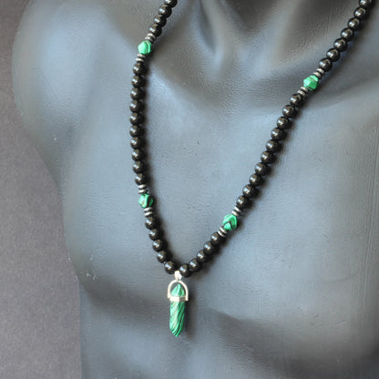 Natural Malachite Pointed Pendant, Malachite & Black Onyx Beaded Macrame Necklace - ElisaJewelryArt