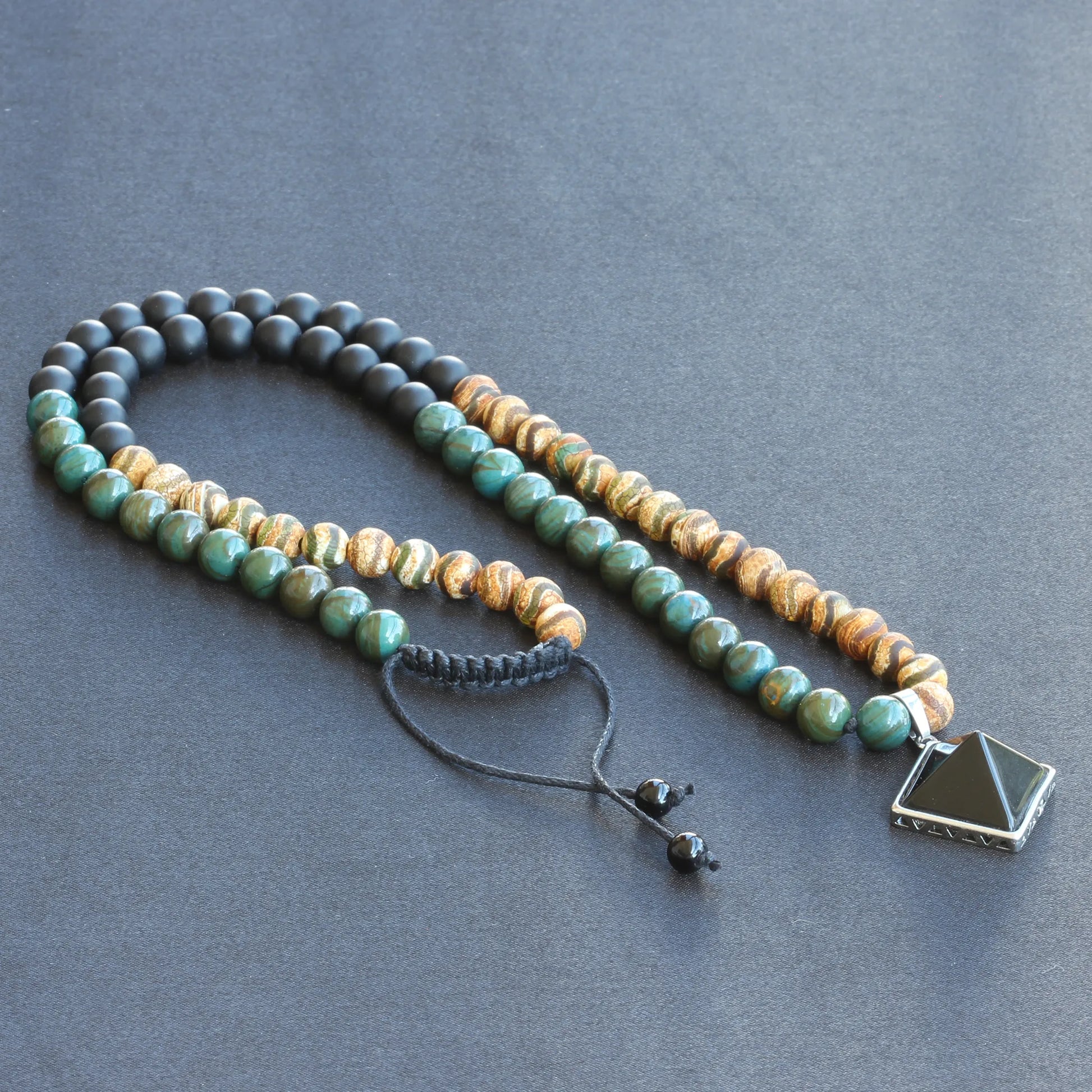 Natural Black Onyx Pyramid Pendant, Green Jasper & Tibetan Agate & Matte Black Onyx Beaded Macrame Necklace - ElisaJewelryArt