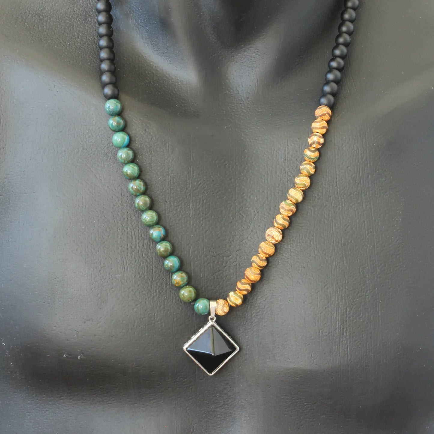 Natural Black Onyx Pyramid Pendant, Green Jasper & Tibetan Agate & Matte Black Onyx Beaded Macrame Necklace - ElisaJewelryArt