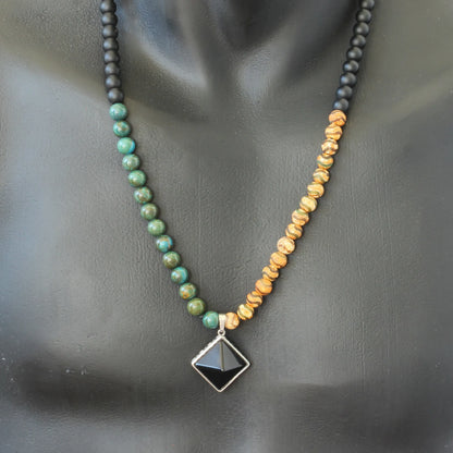 Natural Black Onyx Pyramid Pendant, Green Jasper & Tibetan Agate & Matte Black Onyx Beaded Macrame Necklace - ElisaJewelryArt