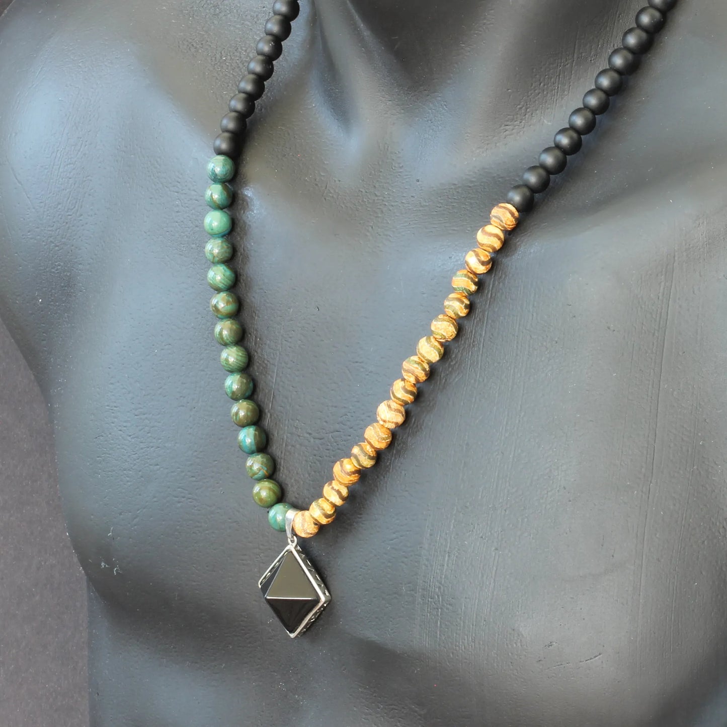 Natural Black Onyx Pyramid Pendant, Green Jasper & Tibetan Agate & Matte Black Onyx Beaded Macrame Necklace - ElisaJewelryArt