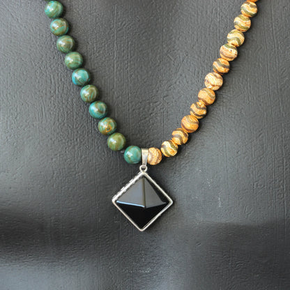 Natural Black Onyx Pyramid Pendant, Green Jasper & Tibetan Agate & Matte Black Onyx Beaded Macrame Necklace - ElisaJewelryArt