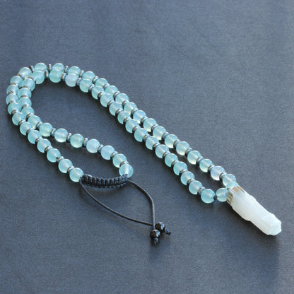 Natural Raw Selenite Pendant, Aquamarine Jade Beaded Macrame Necklace - ElisaJewelryArt