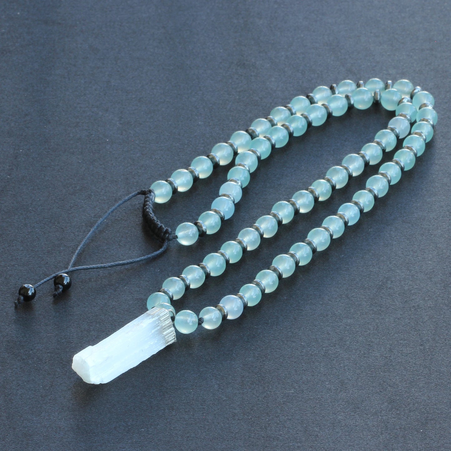 Natural Raw Selenite Pendant, Aquamarine Jade Beaded Macrame Necklace - ElisaJewelryArt