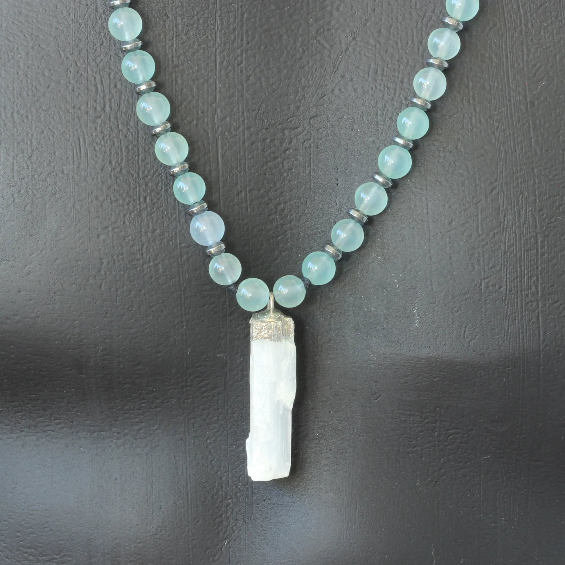 Natural Raw Selenite Pendant, Aquamarine Jade Beaded Macrame Necklace - ElisaJewelryArt