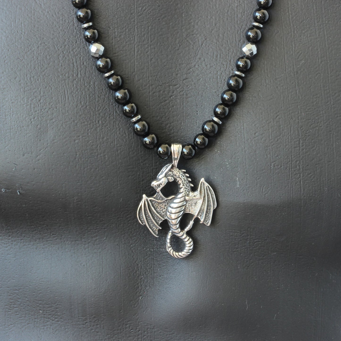 Stainless Steel Dragon Pendant, Natural Black Onyx & Hematite Beaded Macrame Necklace - ElisaJewelryArt