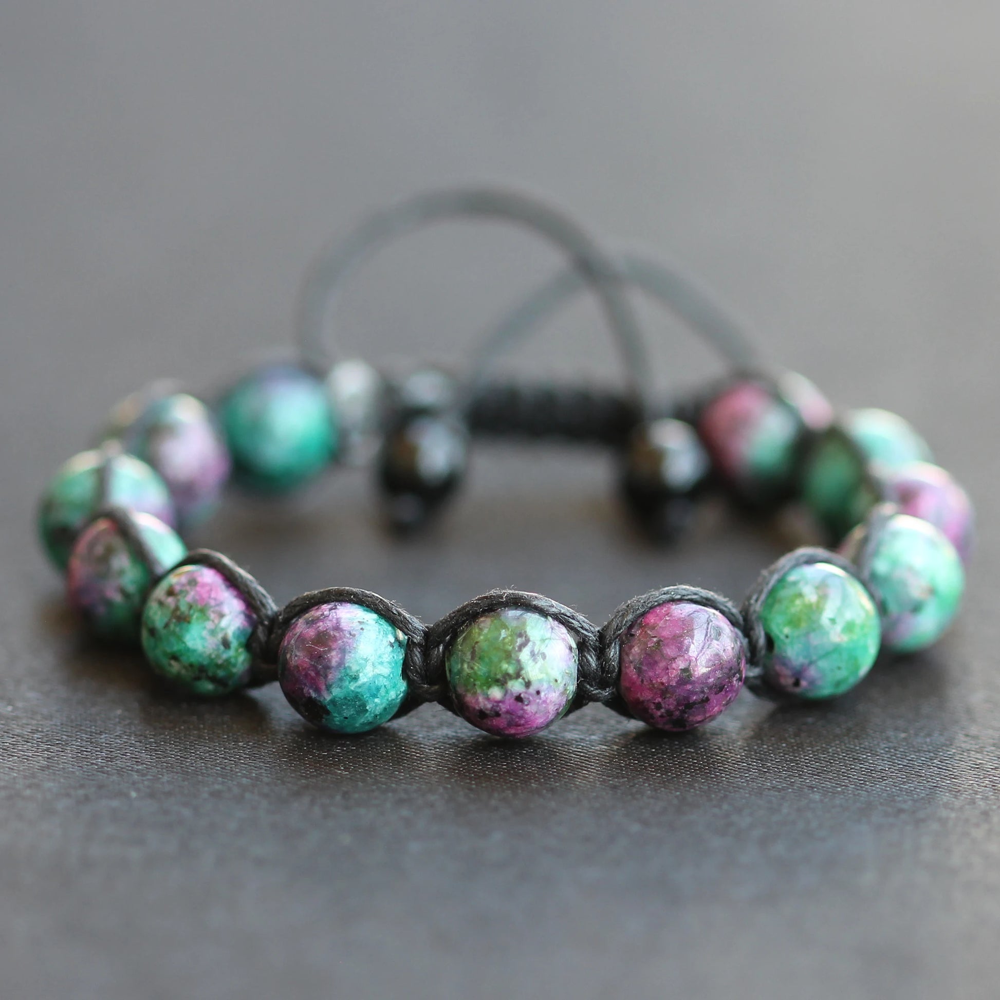 Natural Anyolite (Ruby In Zoisite) Beaded Macrame Bracelet - ElisaJewelryArt