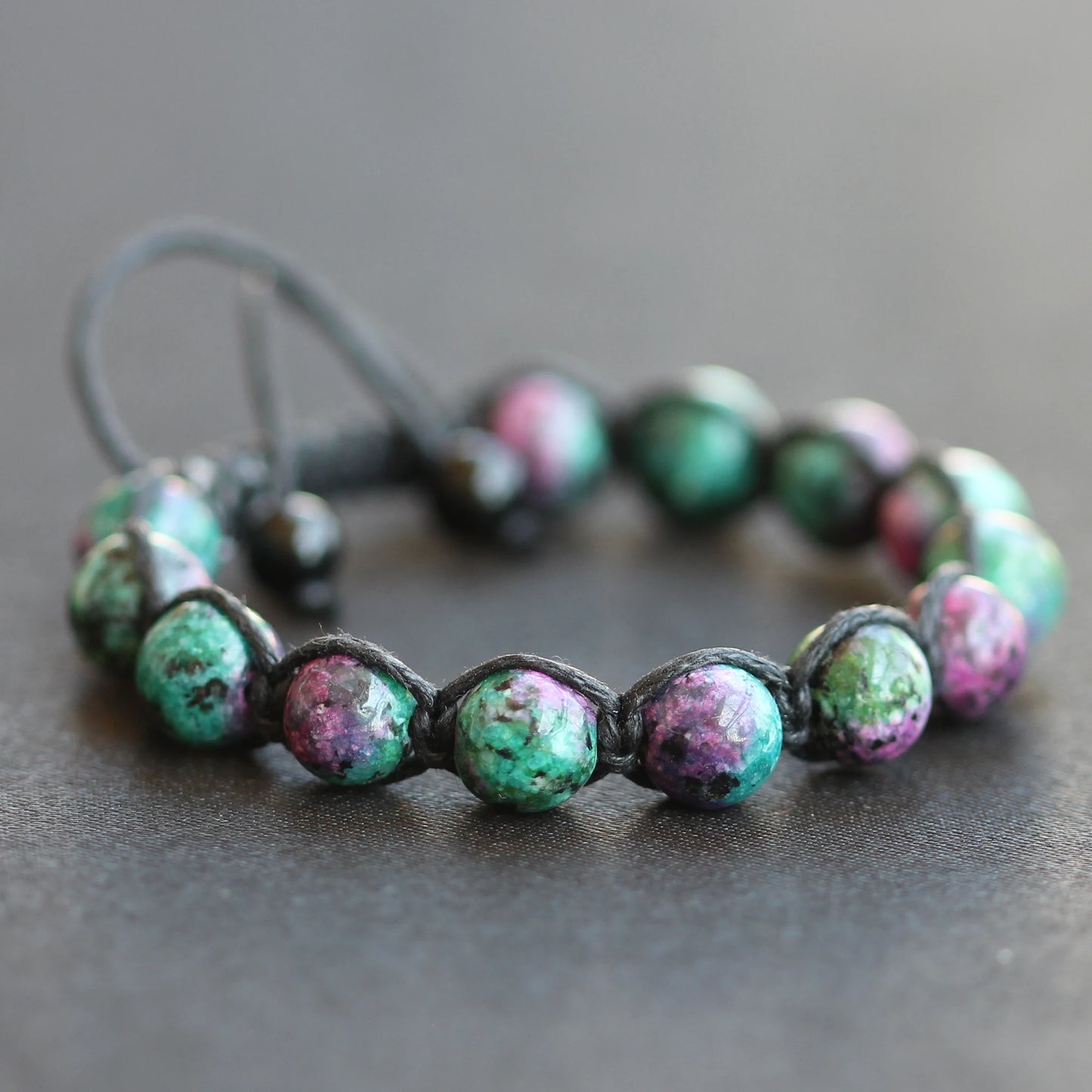 Natural Anyolite (Ruby In Zoisite) Beaded Macrame Bracelet - ElisaJewelryArt