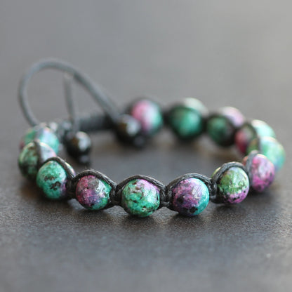 Natural Anyolite (Ruby In Zoisite) Beaded Macrame Bracelet - ElisaJewelryArt