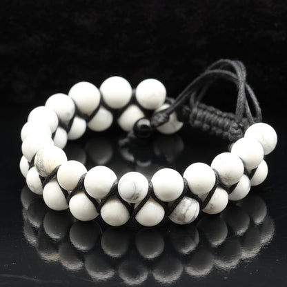 Natural Howlite Beaded Double Row Macrame Bracelet - ElisaJewelryArt