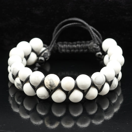 Natural Howlite Beaded Double Row Macrame Bracelet - ElisaJewelryArt