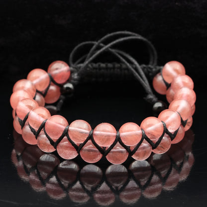 Natural Cherry Quartz Beaded Double Row Macrame Bracelet - ElisaJewelryArt