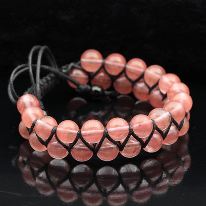 Natural Cherry Quartz Beaded Double Row Macrame Bracelet - ElisaJewelryArt