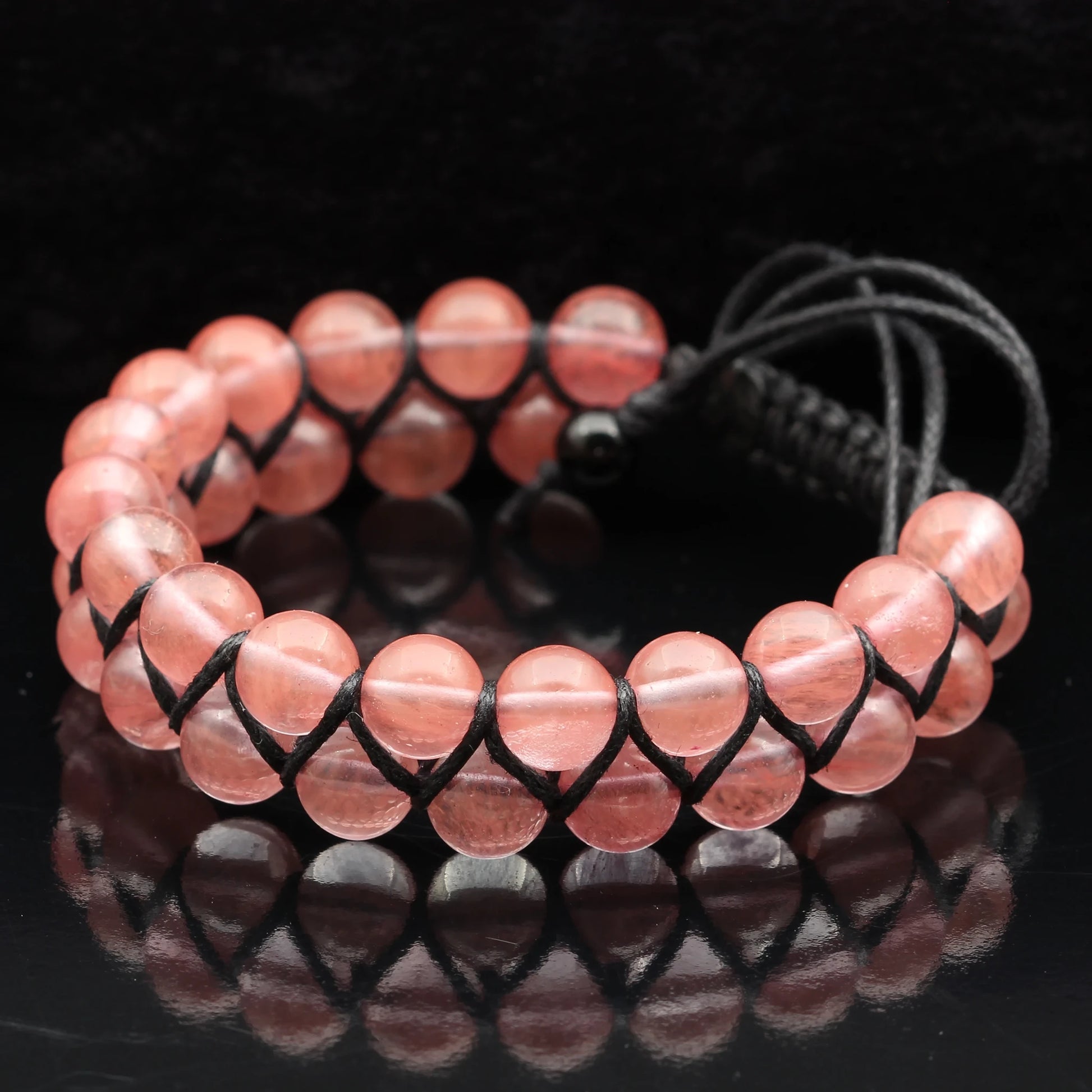 Natural Cherry Quartz Beaded Double Row Macrame Bracelet - ElisaJewelryArt