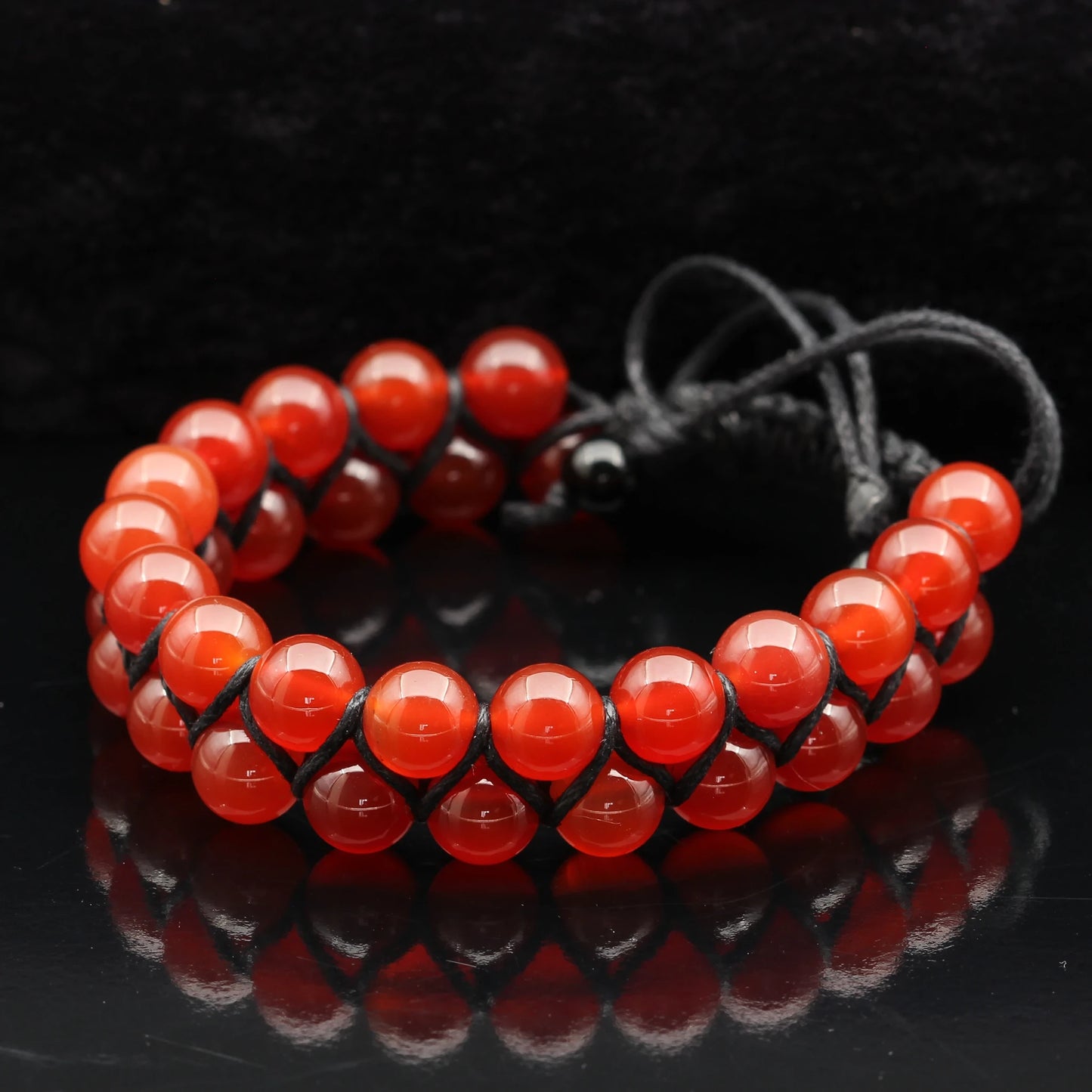 Natural Red Fire Agate Beaded Double Row Macrame Bracelet - ElisaJewelryArt