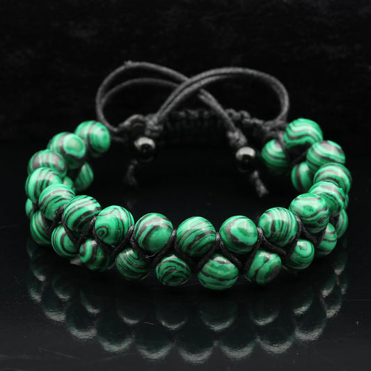 Malachite Beaded Double Row Macrame Bracelet - ElisaJewelryArt