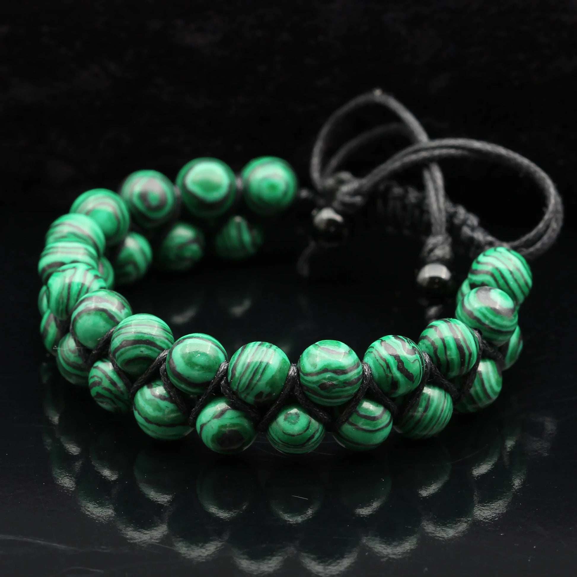 Malachite Beaded Double Row Macrame Bracelet - ElisaJewelryArt