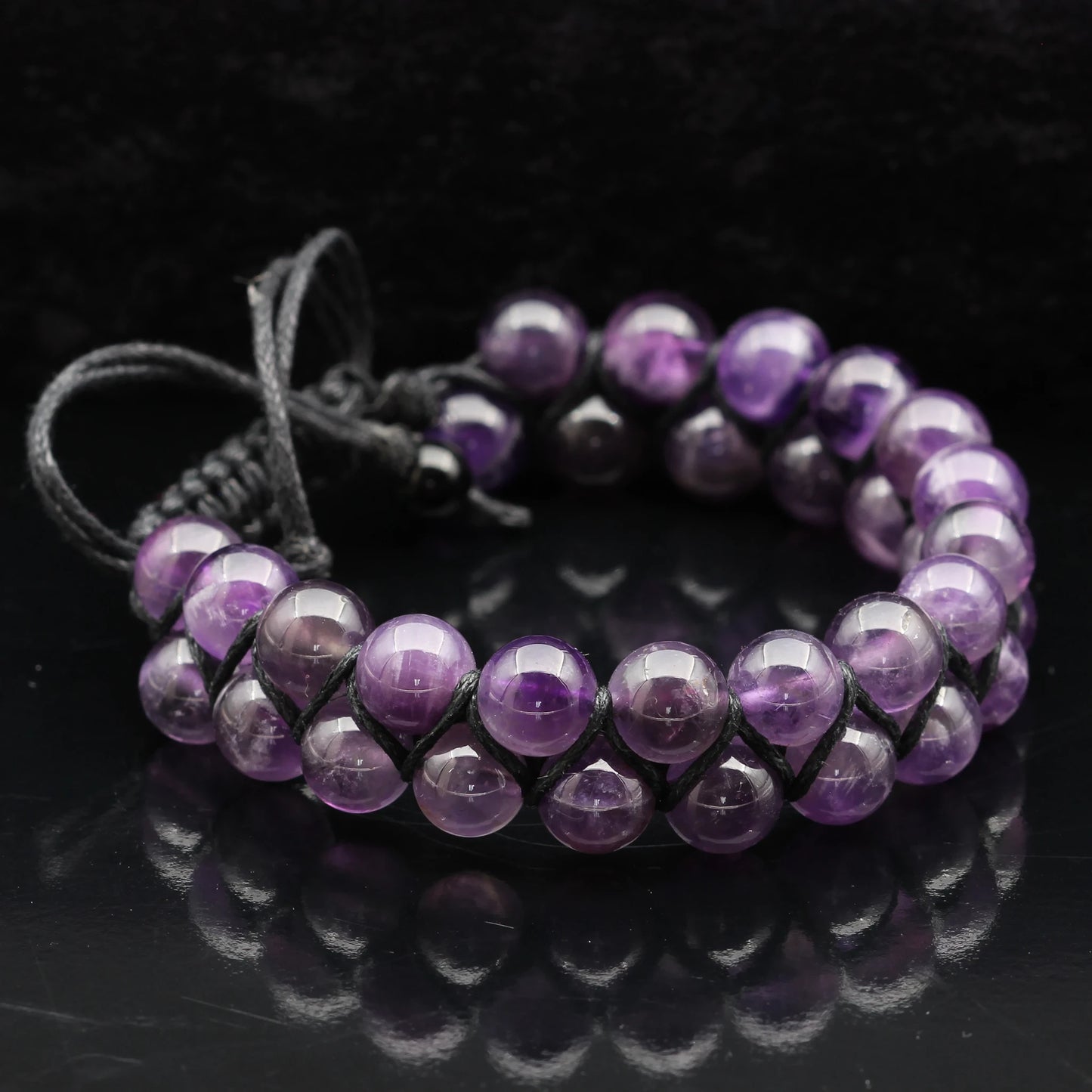 Natural Amethyst Beaded Double Row Macrame Bracelet - ElisaJewelryArt