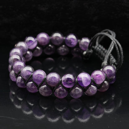 Natural Amethyst Beaded Double Row Macrame Bracelet - ElisaJewelryArt