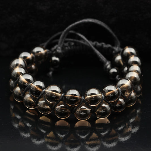 Natural Smoky Quartz Beaded Double Row Macrame Bracelet - ElisaJewelryArt