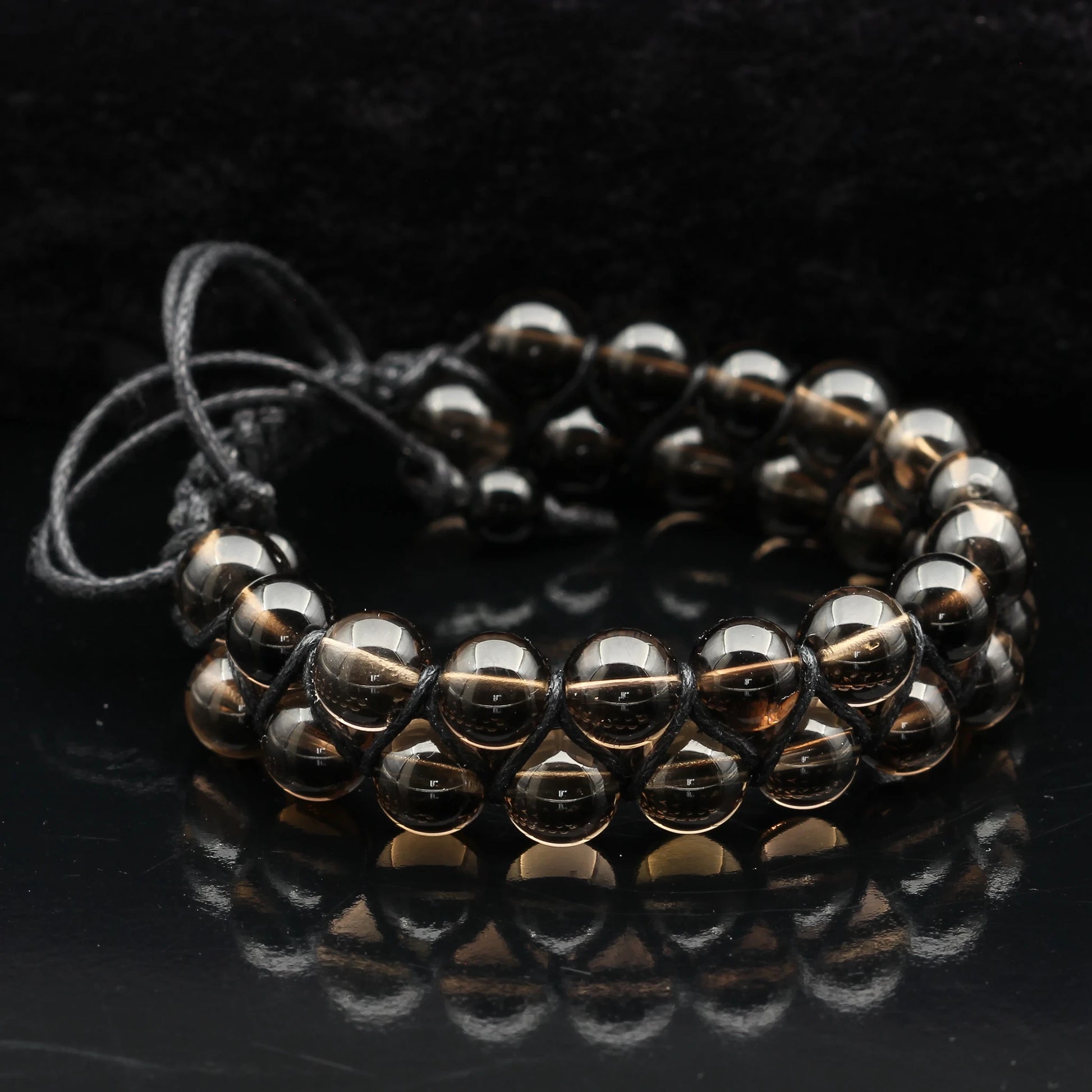 Natural Smoky Quartz Beaded Double Row Macrame Bracelet - ElisaJewelryArt