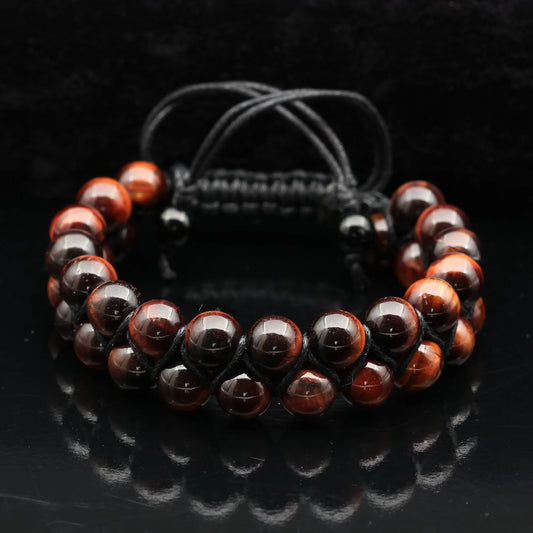 Natural Red Tiger Eye Beaded Double Row Macrame Bracelet - ElisaJewelryArt