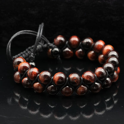 Natural Red Tiger Eye Beaded Double Row Macrame Bracelet - ElisaJewelryArt