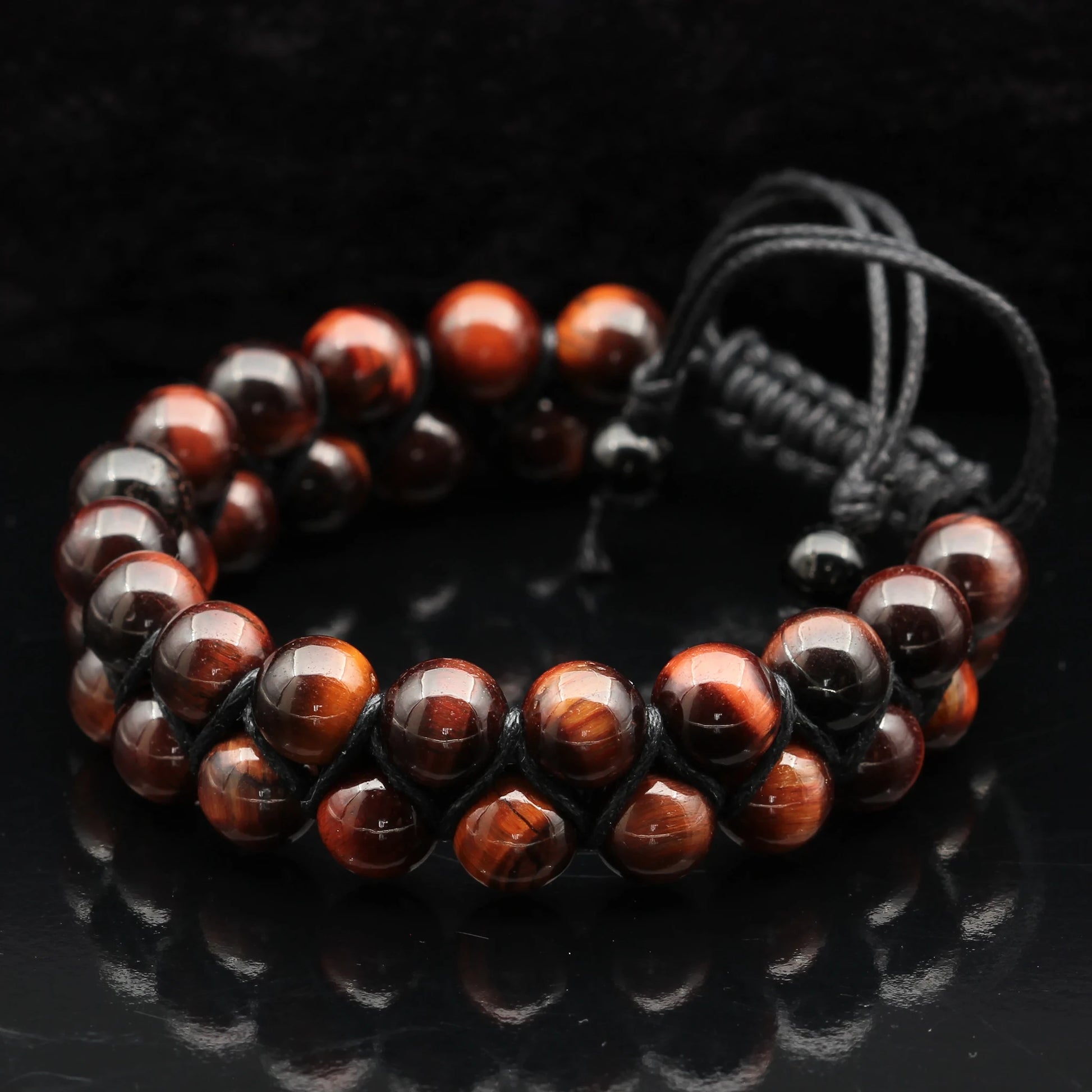 Natural Red Tiger Eye Beaded Double Row Macrame Bracelet - ElisaJewelryArt