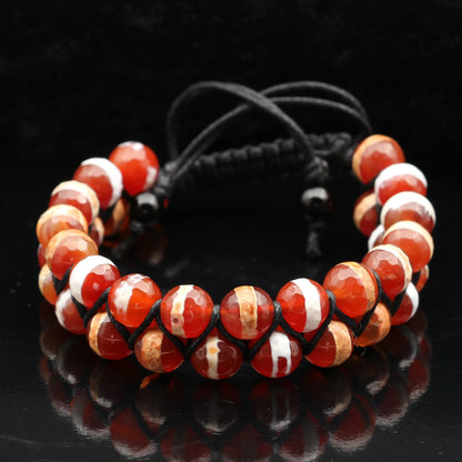 Natural Orange Tibetan Agate Beaded Double Row Macrame Bracelet - ElisaJewelryArt