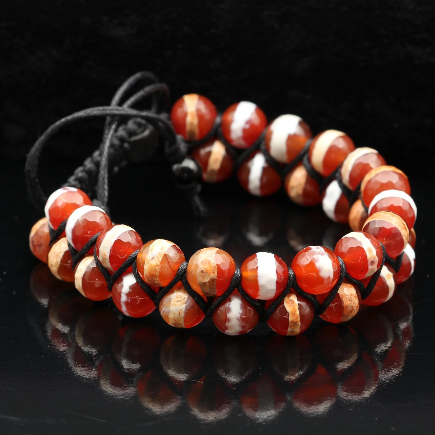 Natural Orange Tibetan Agate Beaded Double Row Macrame Bracelet - ElisaJewelryArt