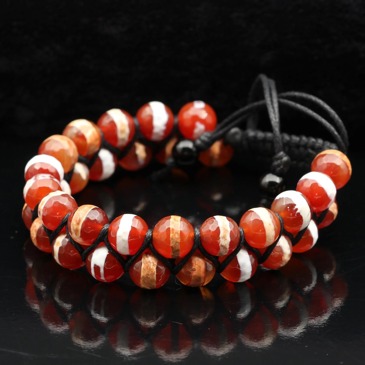 Natural Orange Tibetan Agate Beaded Double Row Macrame Bracelet - ElisaJewelryArt