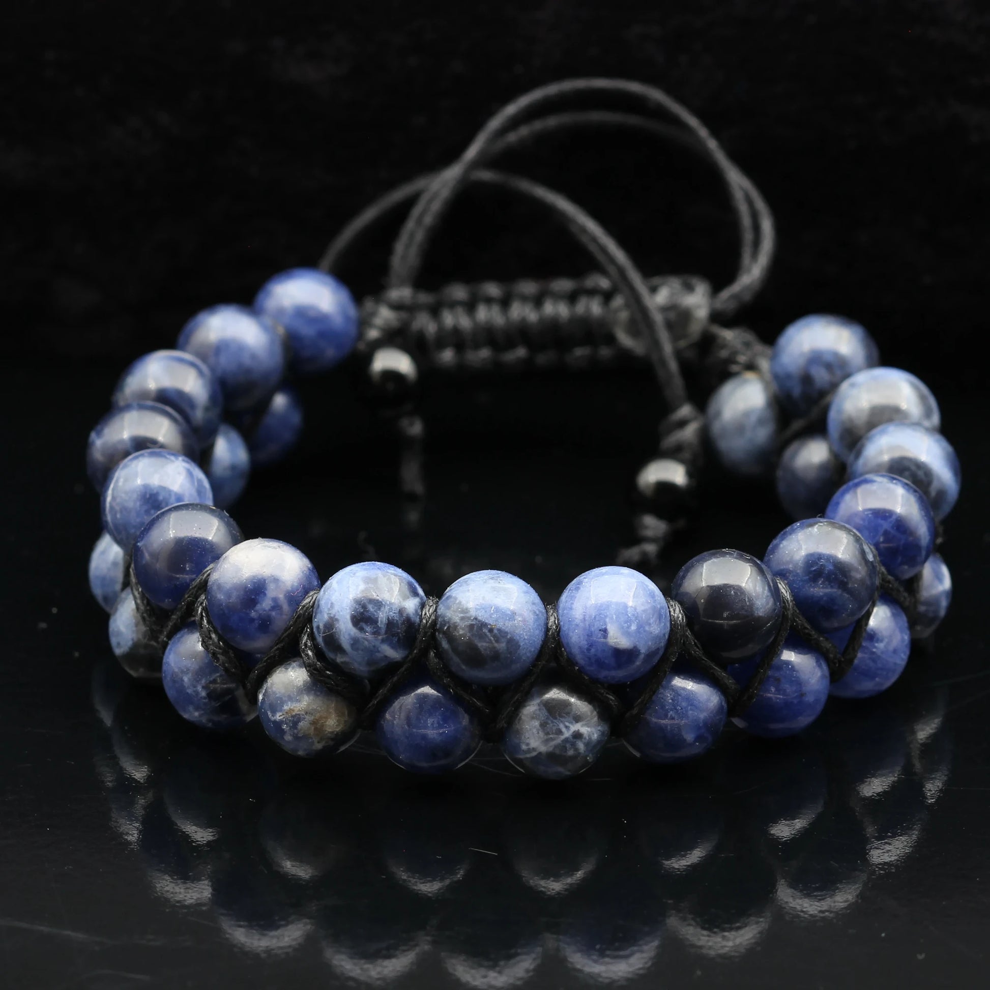 Natural Sodalite Beaded Double Row Macrame Bracelet - ElisaJewelryArt